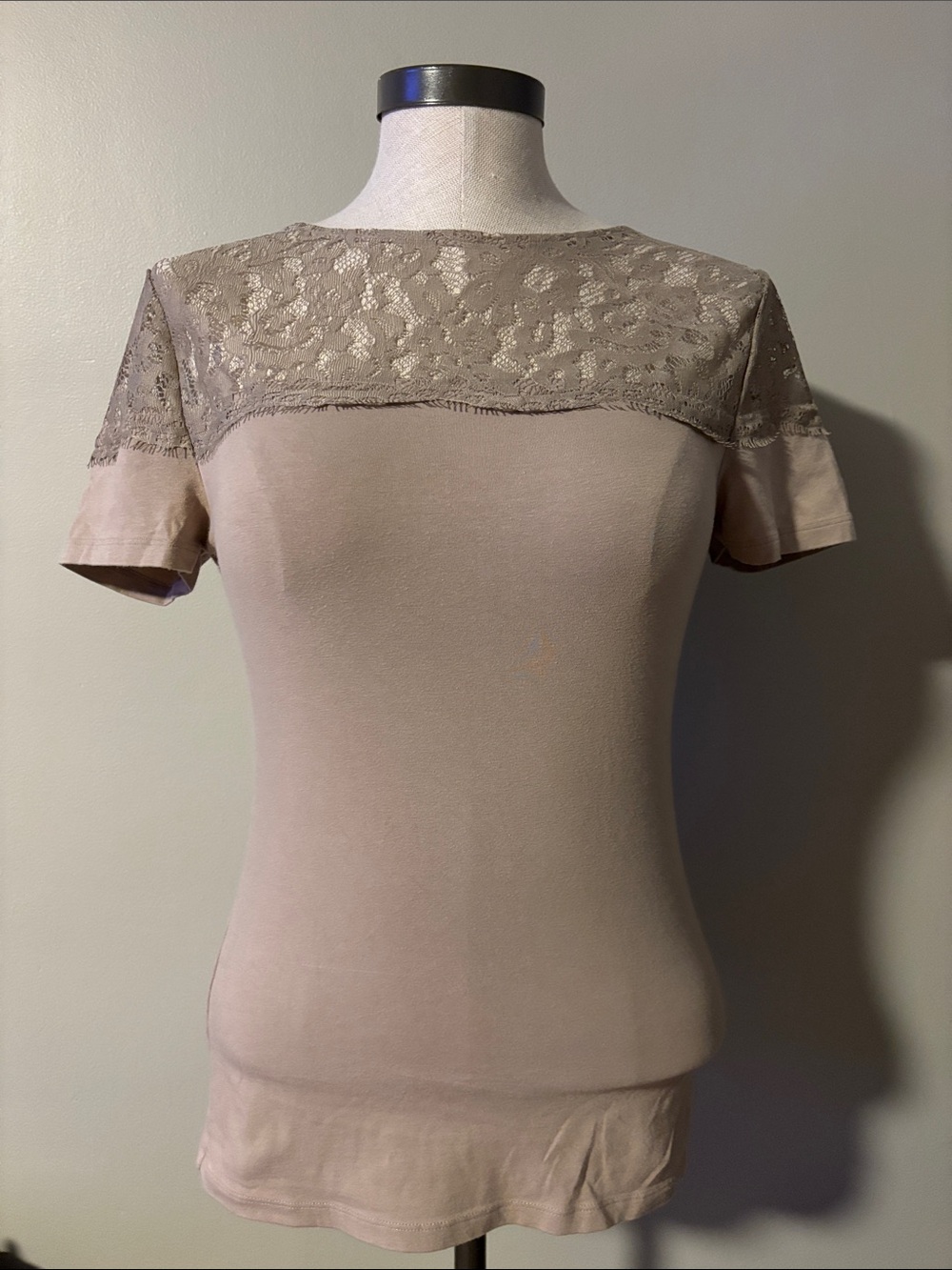 H&M Short Sleeve Lace Yoke Top - Taupe